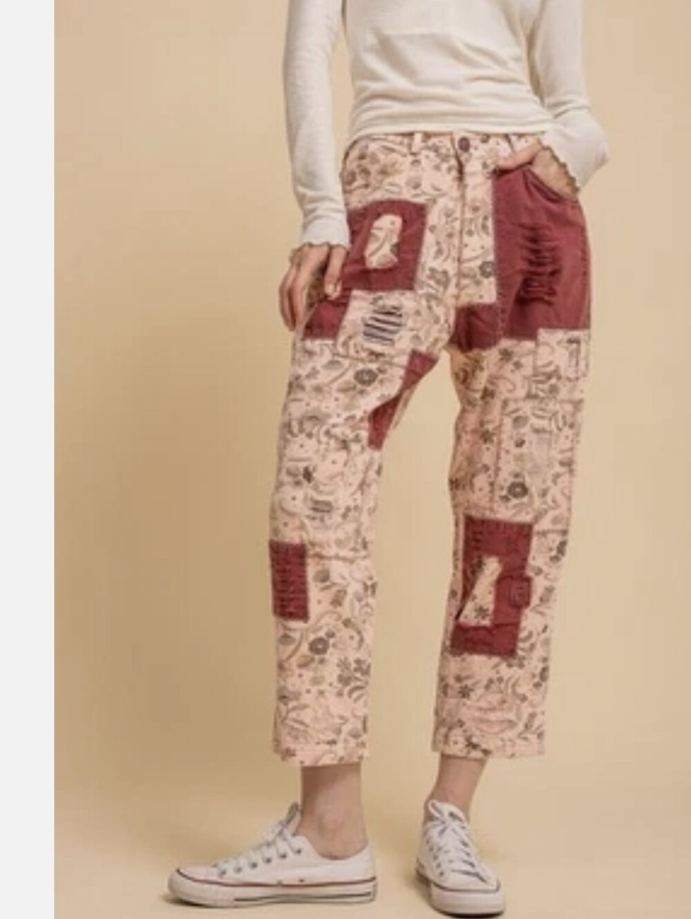 Blue Velvet Floral Distressed Patchwork Cropped Pant Sz L/ XL